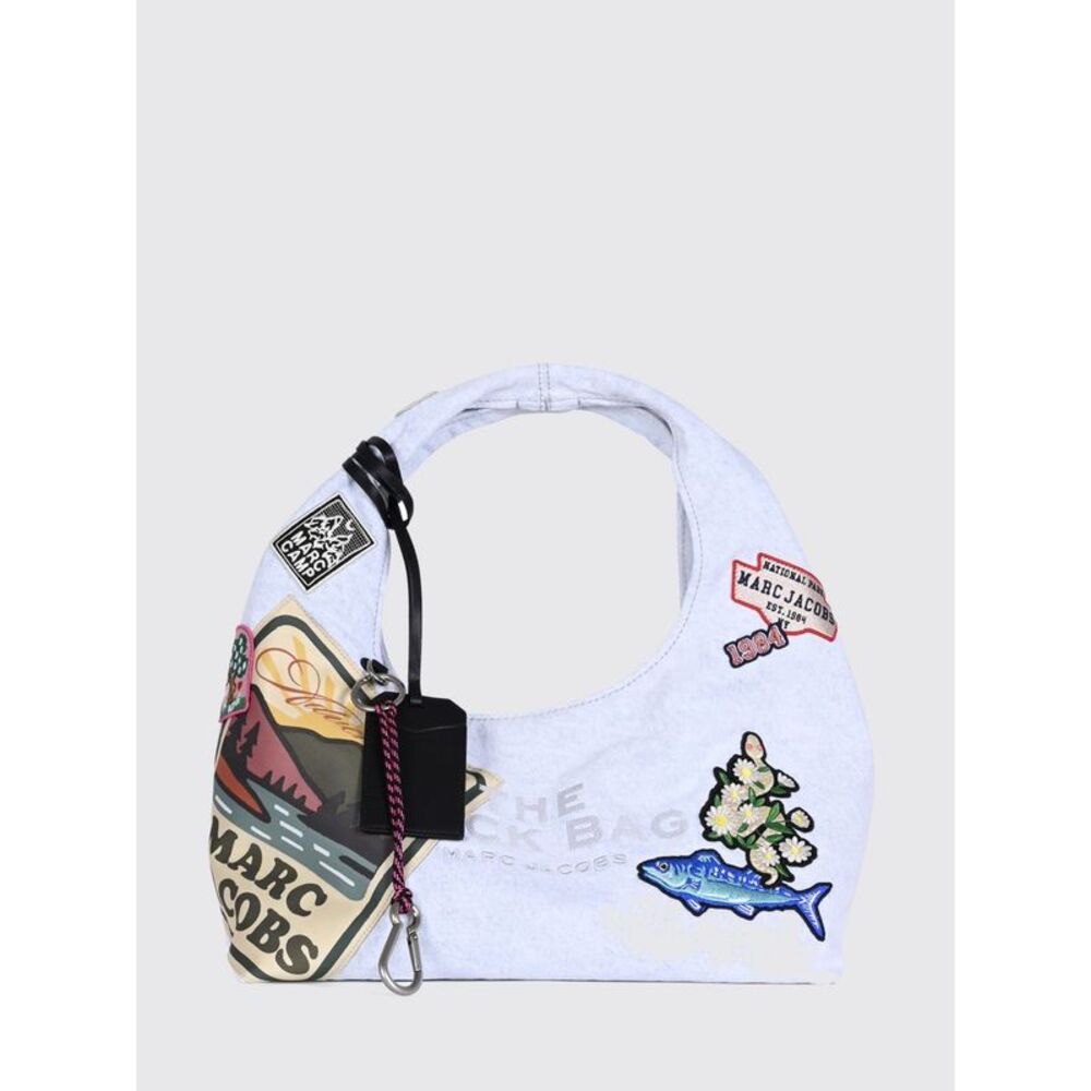 Marc Jacobs The Sack Handbag In Cotton Denim With Printed Logo And Charm